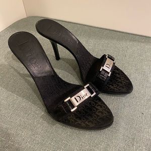 Dior Black Logo Slide Heeled Sandals with Silver Plaque